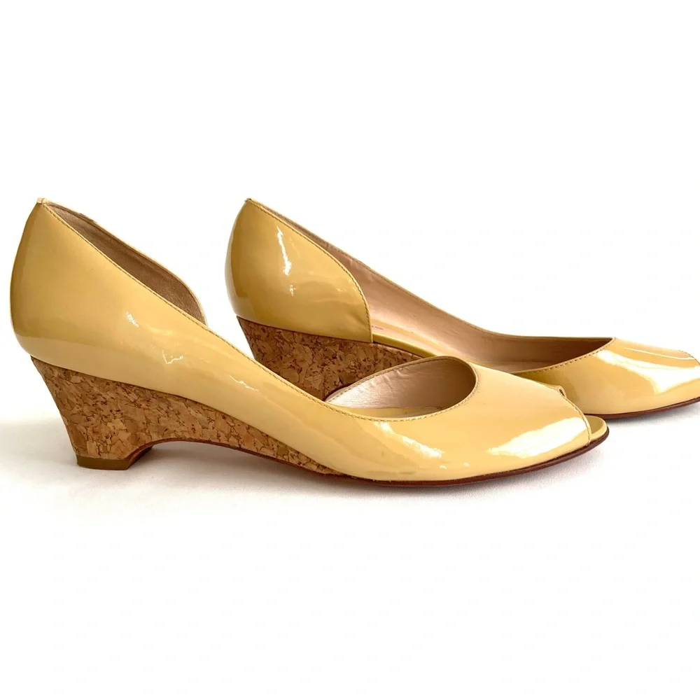 Arturo Chiang Talitha Dijon Yellow Patent Peep Toe Cork Wedge Heels, Size 9M